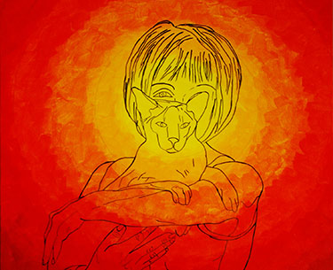 Leon Clemons unique art - Siamese cat in the arms of his mom