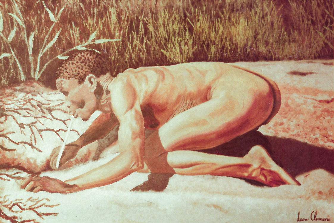 Leon's realistic artwork - San (Bushman) man drinking water